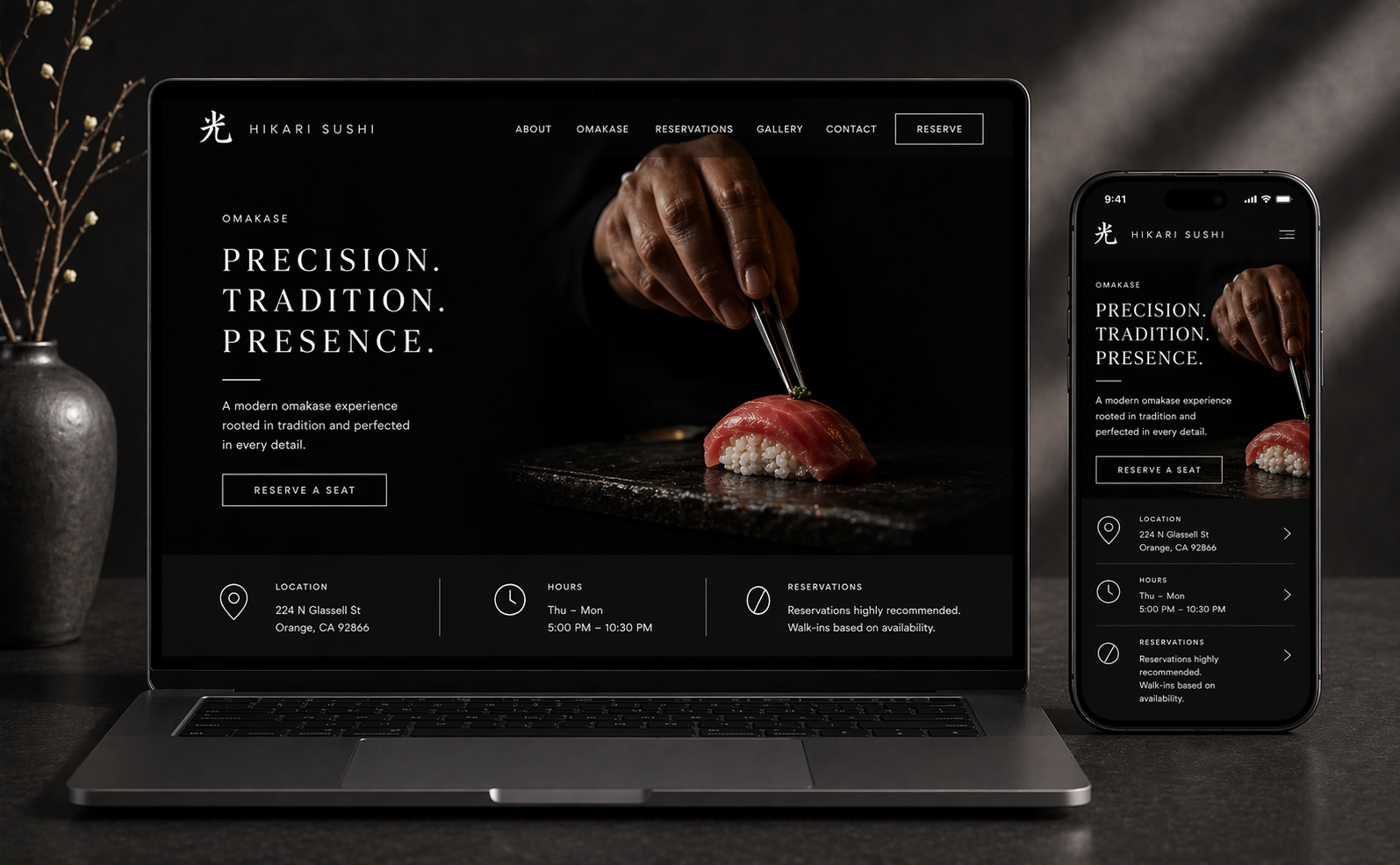 Hikari Sushi website on laptop and mobile