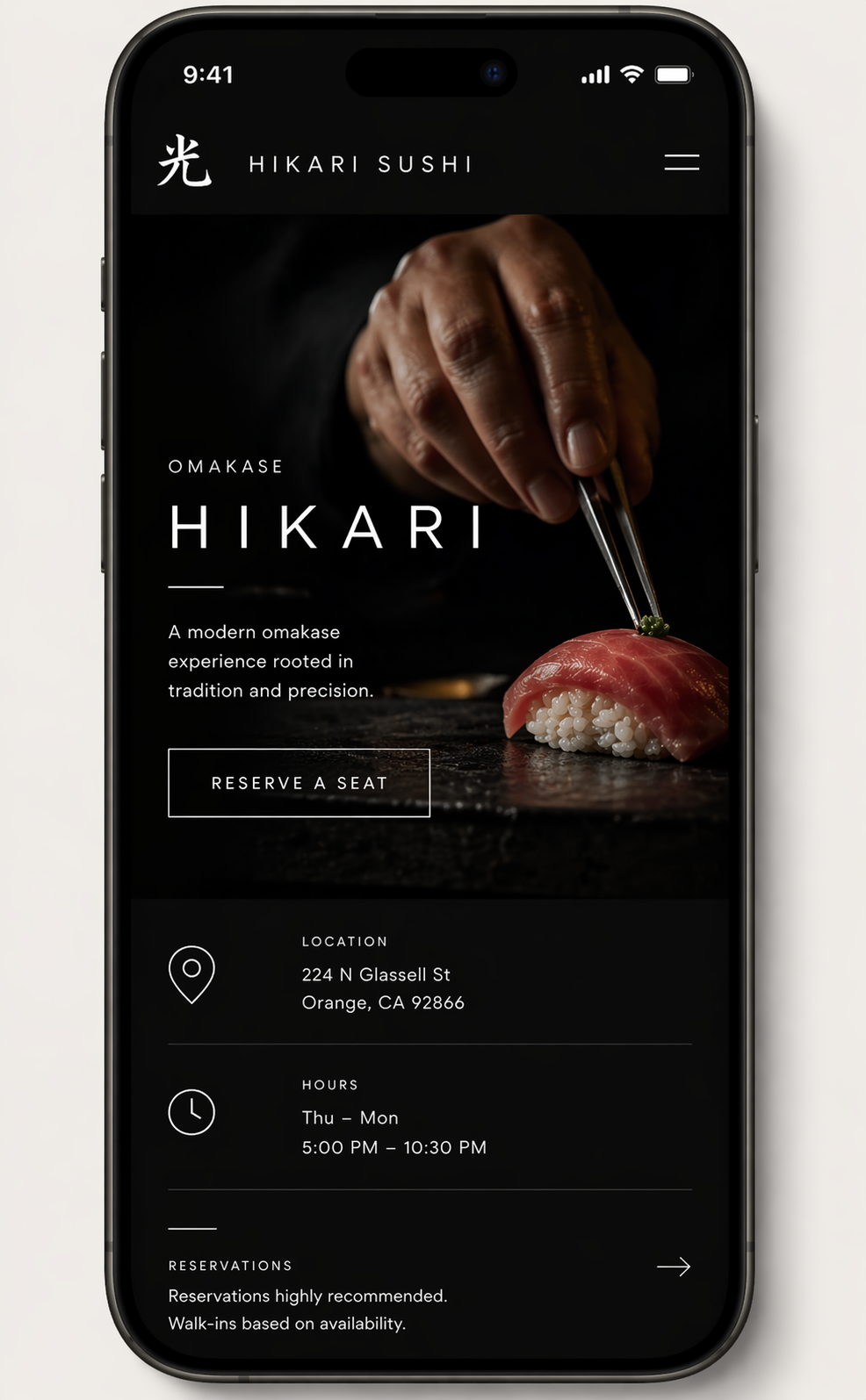 Hikari Sushi mobile UI