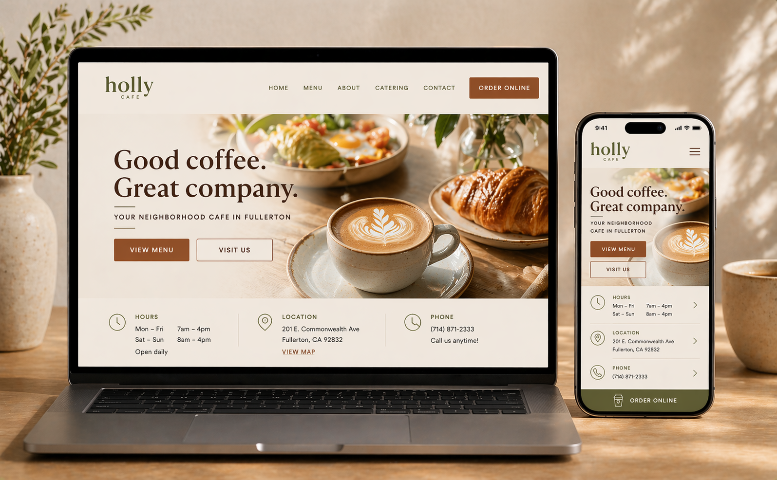 Holly Cafe website on laptop and mobile